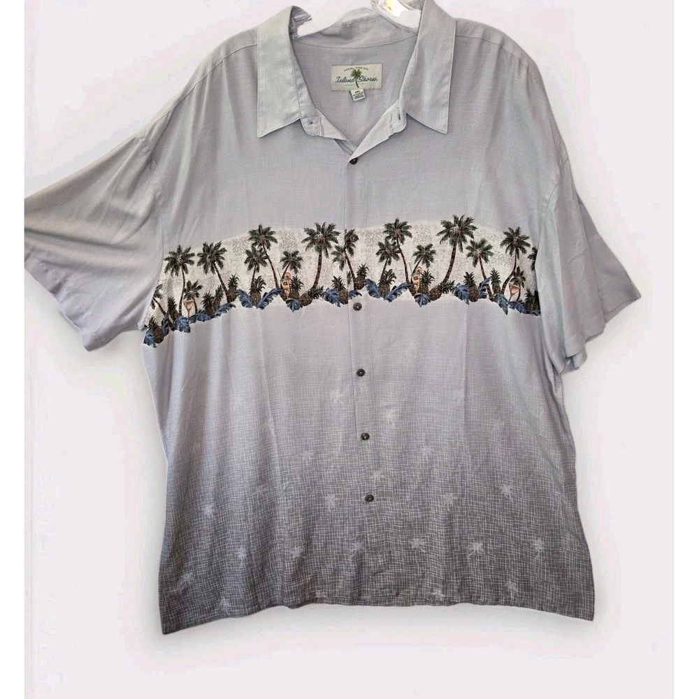 Island Shores Mens XXL Gray Tropical Palm Tree Pineapple Rayon Camp Shirt Aloha